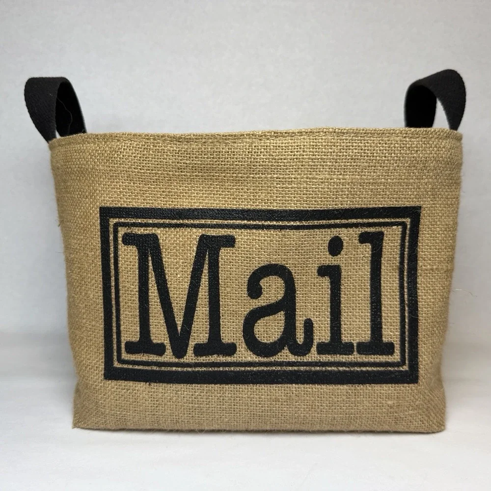 A Southern Bucket Mail Burlap Storage Bin w/ Handles Home Decor Rustic Farmhouse